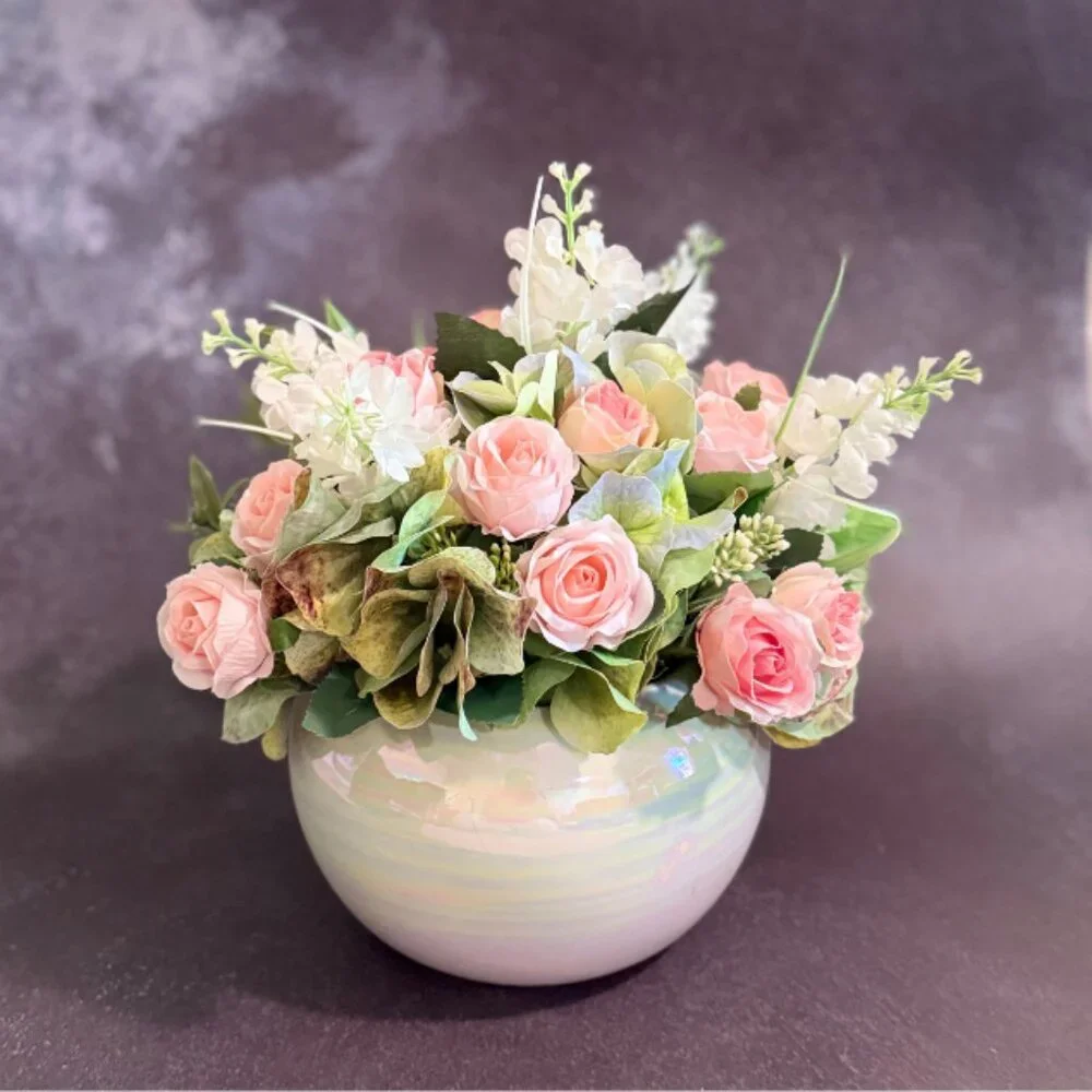 Faux Pink Rose Floral Arrangement Centerpiece in Ceramic Pearl Bowl